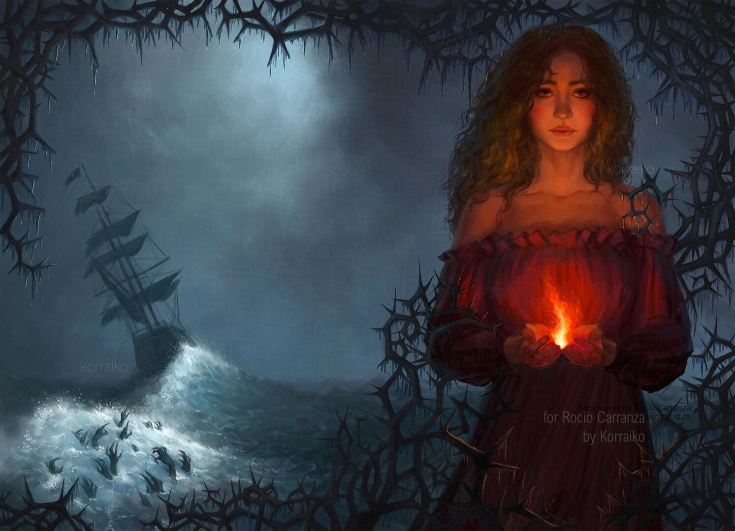 Dust jacket for Rocio Carranza's novel ''Flame In The Silver Storm'', 2025